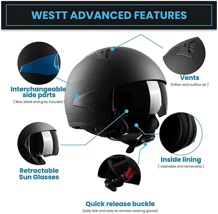 Westt Rover - Jethelm Motorradhelm Helm + 3 austauschbare Seitenteile - Sonnenblende Retro Stil - Matt Schwarz - ECE Zertifiziert
