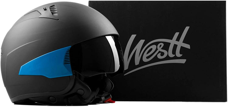 Westt Rover - Jethelm Motorradhelm Helm + 3 austauschbare Seitenteile - Sonnenblende Retro Stil - Matt Schwarz          - ECE Zertifiziert